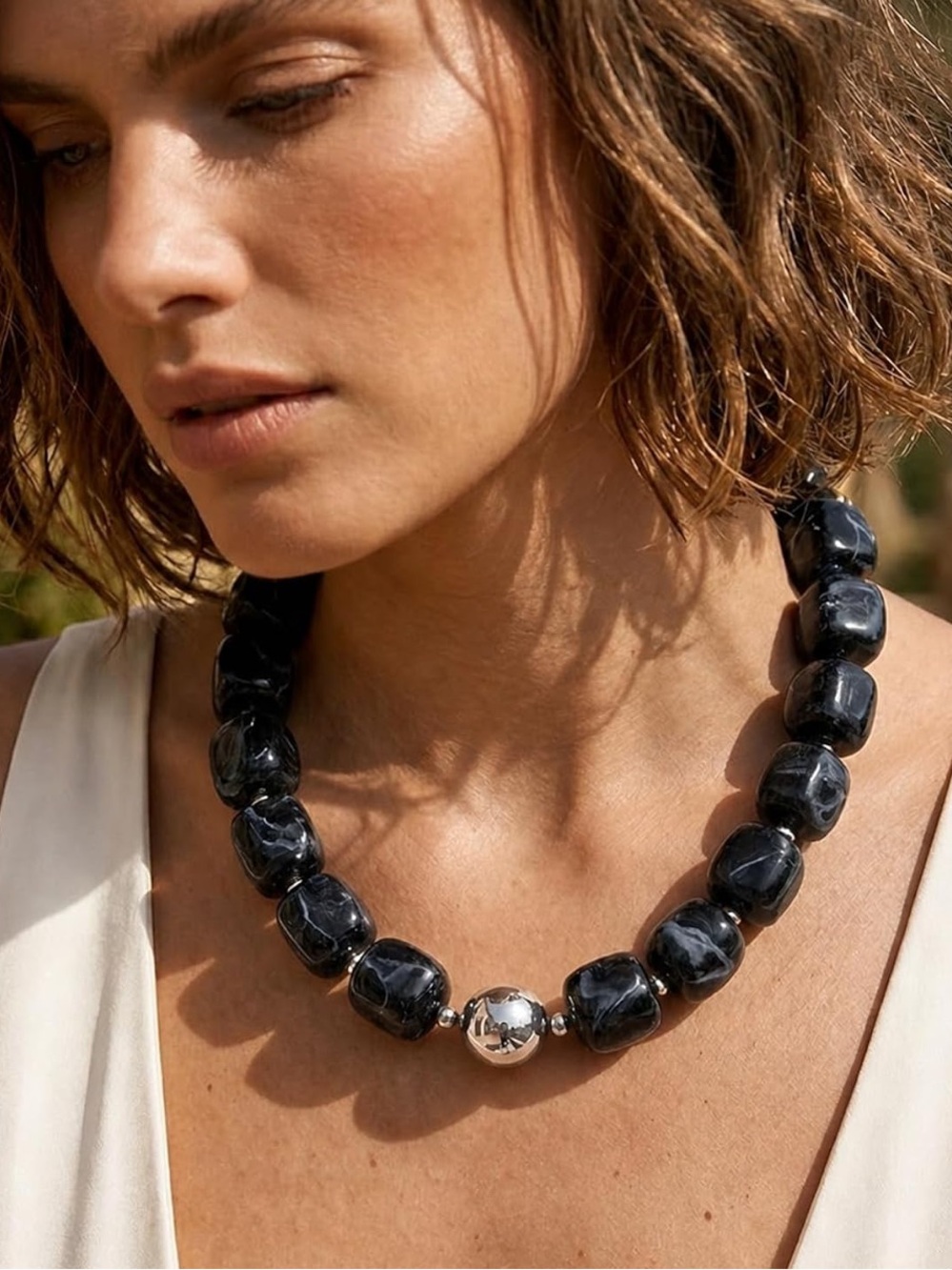 Statement Black Bead Necklace with Silver Accent